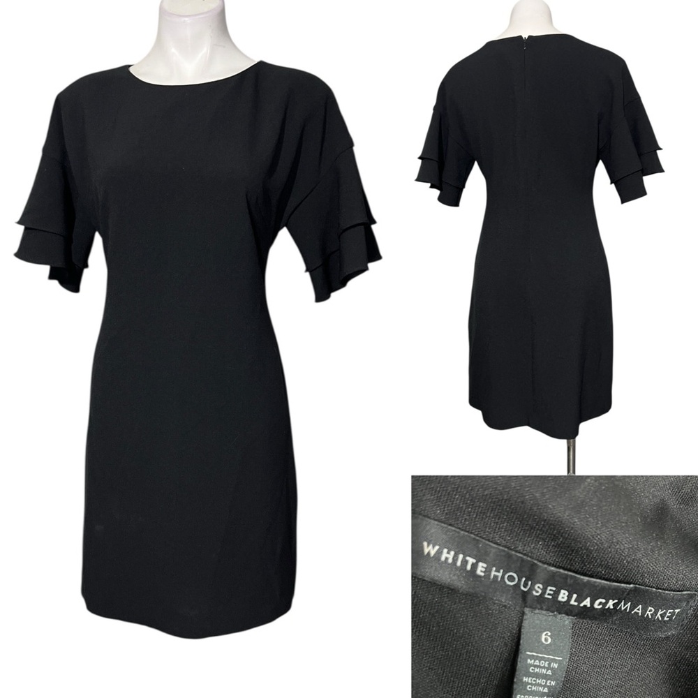 White House Black Market dress sz 6 Black Ruffle short Sleeve knee length career